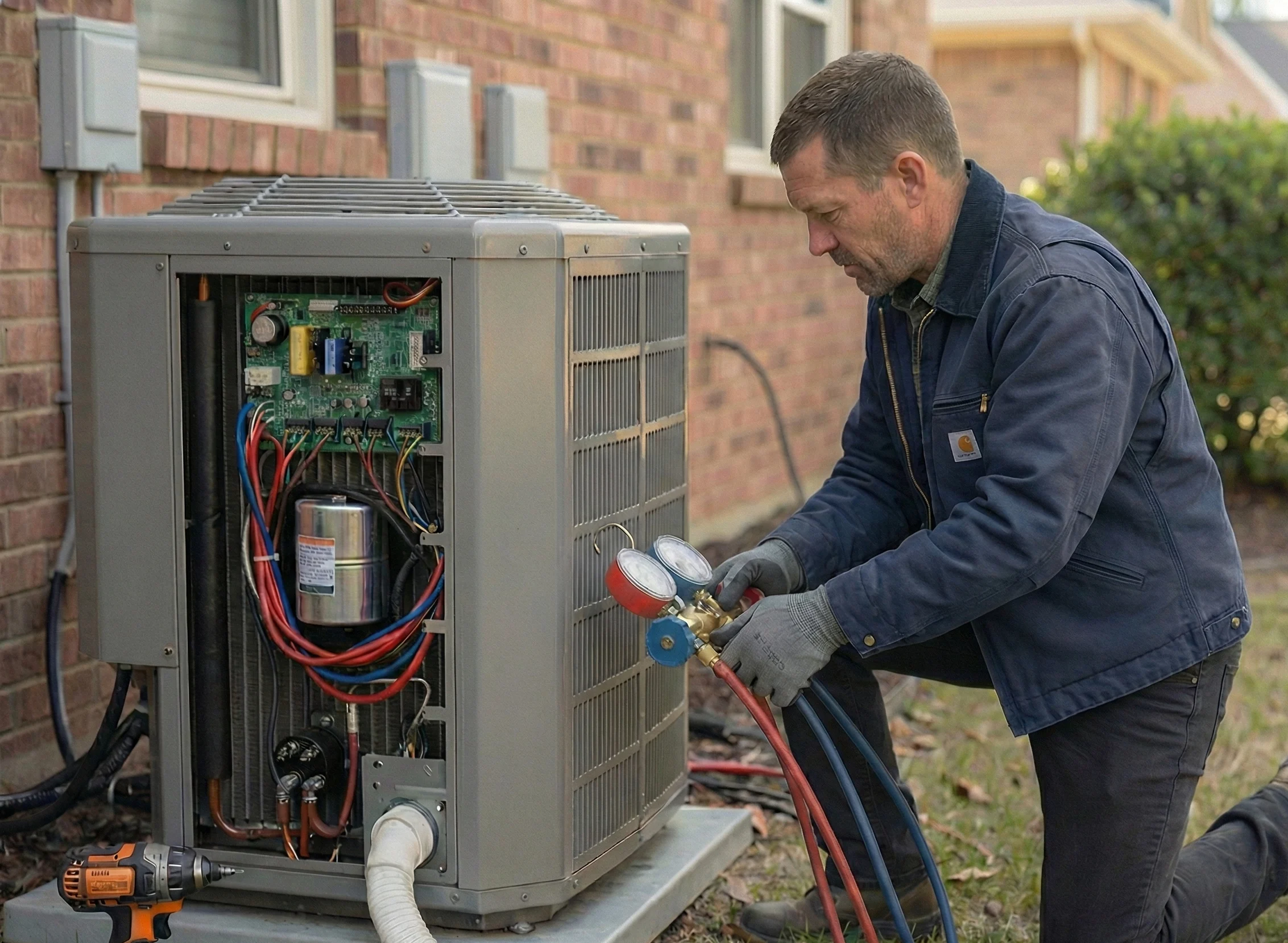Air Dynamics of Tulsa Owner Stephen performing work on an HVAC unit in Tulsa in front of a home.