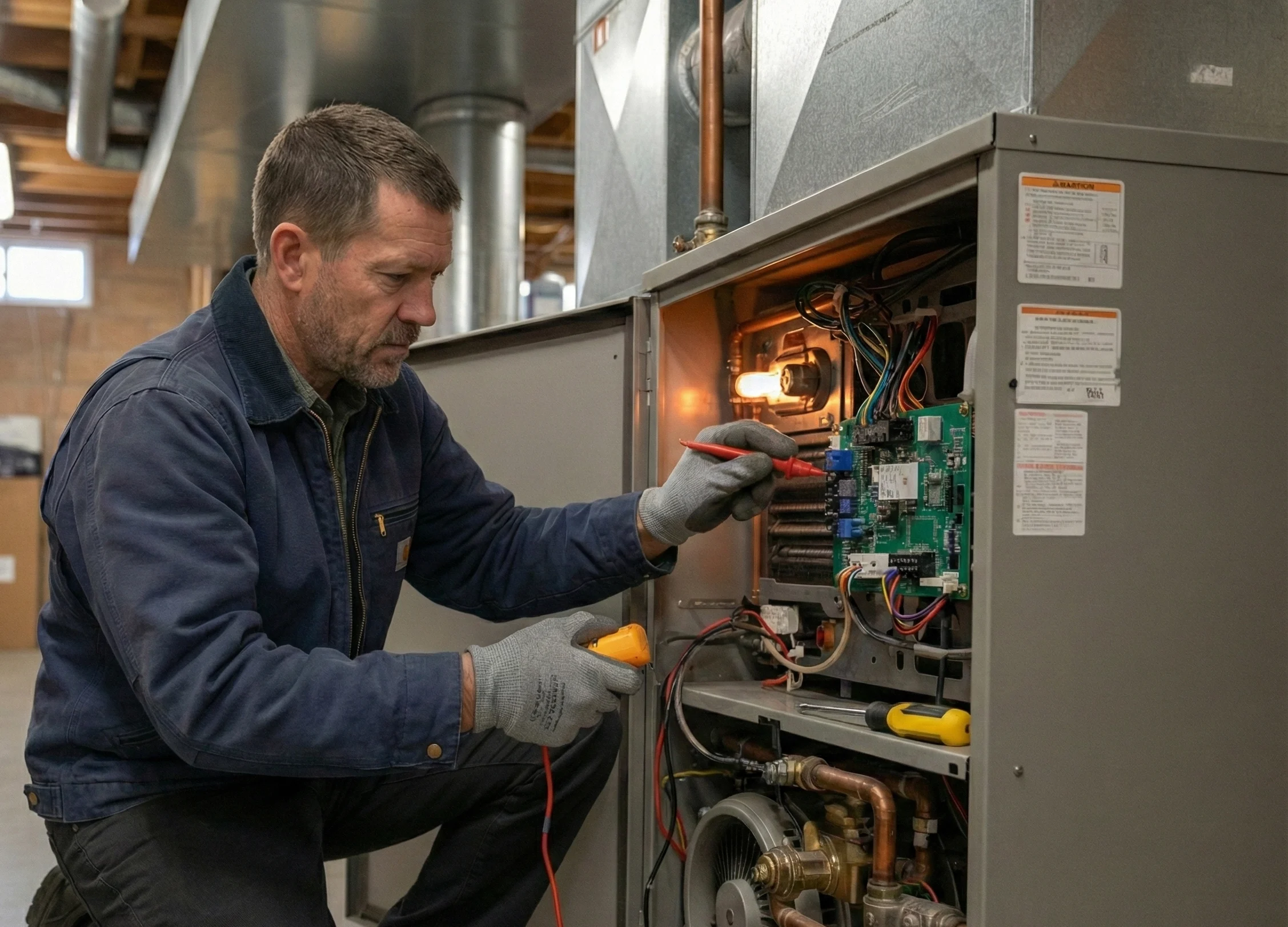 Professional Air Dynamics of Tulsa technician performing a comprehensive furnace tune-up in Tulsa, OK.